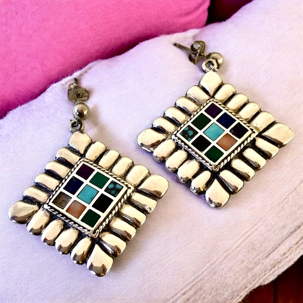 Vintage Navajo Signed Teme 925 Silver Geometric Mosaic Inlay Post Earrings